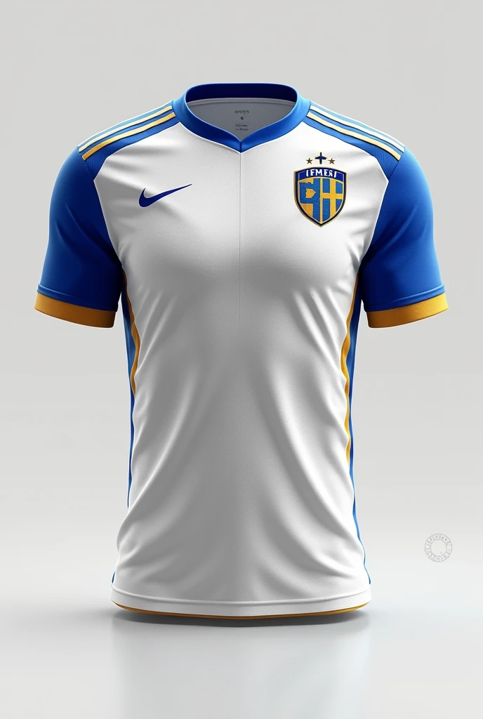 create a uniform for a football team called IPASEP where the predominant colors are Blue and White, The uniform should be white with blue and gold details, with white shorts with blue and gold details