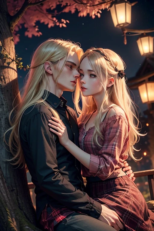 Couple sitting on a tree branch kissing , semi-realistic style, She is blonde with long hair , She has a blue shirt and skirt, He is a vampire, his skin is grayish and he has black hair and he has a red plaid shirt and black pants. , It is night and the scene is lit by colorful lanterns,There are pink trees and lanterns around.