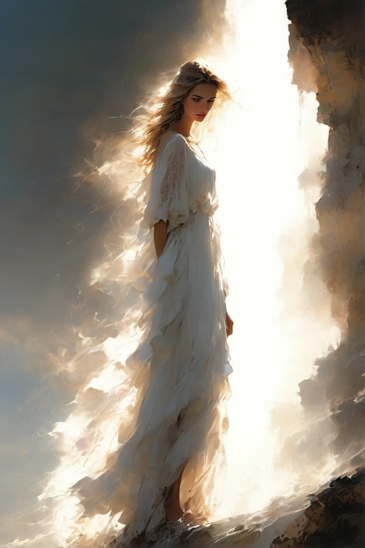 honest pure light beautiful woman standing on the edge of horizon looking at the viewer, flowing dress