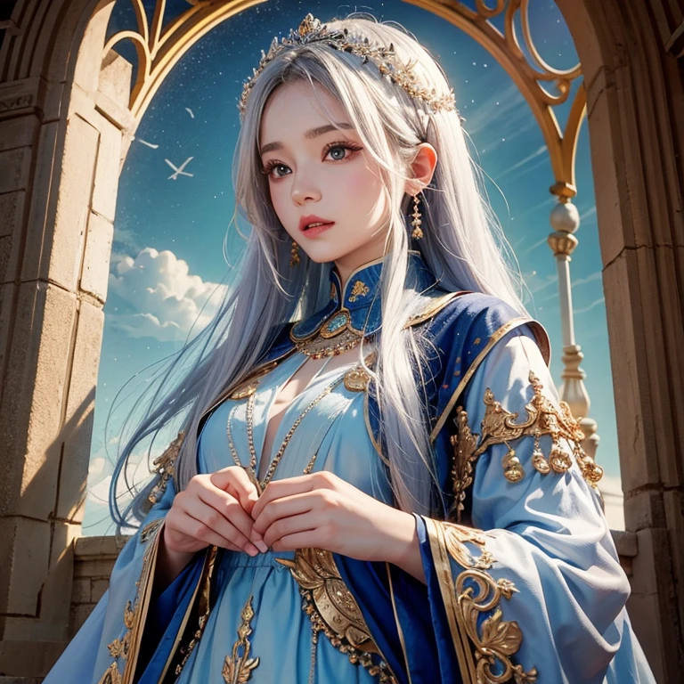(Highest quality、masterpiece、8k、Best image quality、Ultra-high resolution、Award-winning works)、A beautiful white-haired woman watches over us from afar in the desert...., Where the moonlight shines.、Ancient Islamic clothing、Beautiful face drawn in every detail