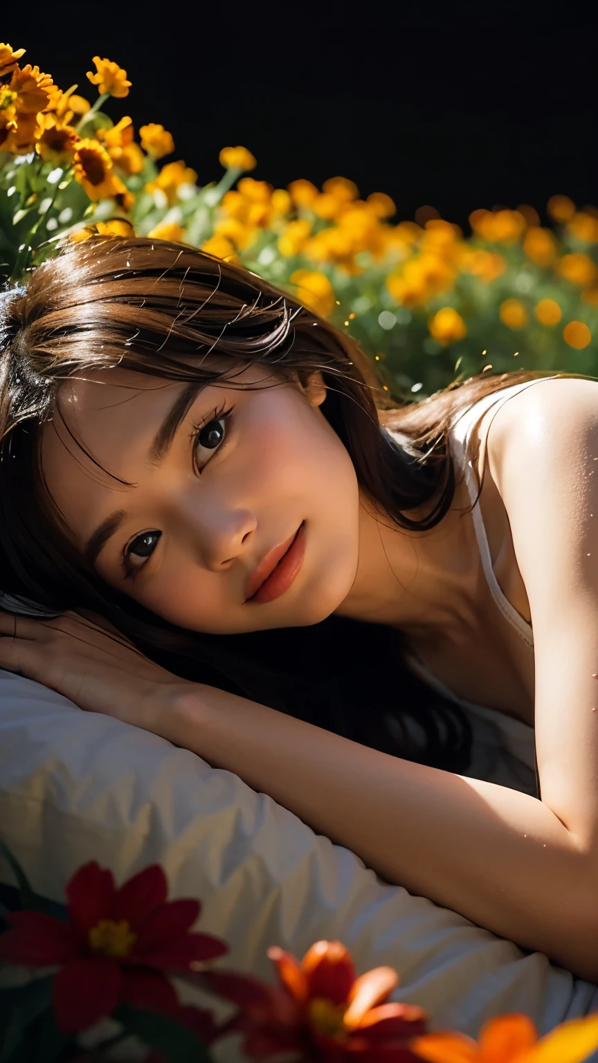 Close-up shot of an Asian girl lying in a bed of flowers, capturing a headshot with a deliriously happy expression. It's midnight, and the scene is bathed in soft moonlight, enhanced by a dreamy filter. The girl has brunette hair and striking green eyes, wearing a black turtleneck. The atmosphere is reminiscent of twilight, with warm orange and gold tones blending into the scene, creating a serene and magical moment.