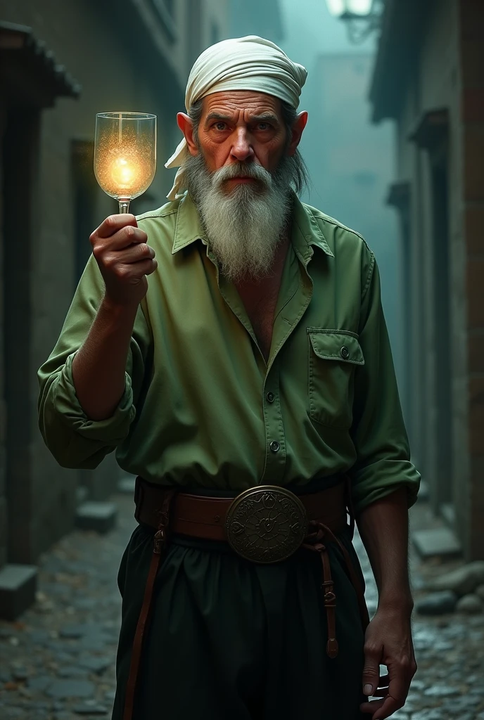 A Gypsy with a small beard, wearing a plain green shirt, black pants, and a white scarf on his head, holding a glass goblet. 