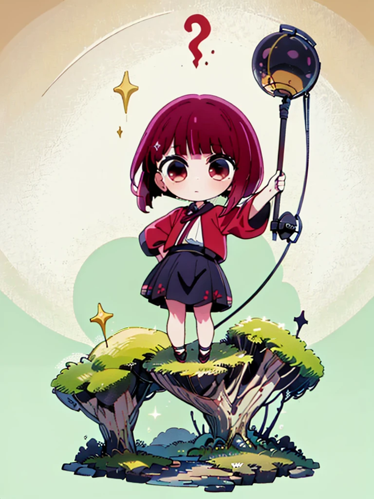 (masterpiece, high-quality, Mystical), (ultra high resolution, 8K RAW photo, natural lighting, textile shading), wide shot photo:1.6, (1 beautiful anime girl:1.3, solo:1.5, full body:1.3), alone, shiny skin, BREAK, 1girl, arima kana \(oshi no ko\), ((unbalance posture)), cinema poster image, Exotic wallpapers, fantastic colorful art, (fantasy image:1.5), ((correct hand)), ((chibi)), chibi style, super chibi, chibi chara, (deformed), (random pose), dynamic pose, arm out, one leg behind, framed background, white background,