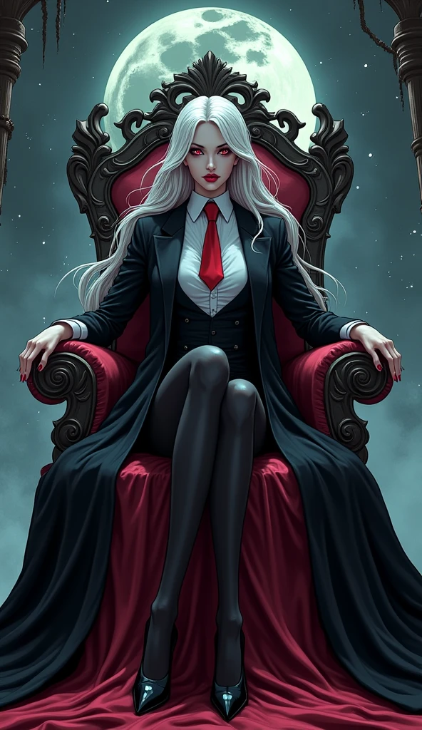 The woman vampire red eyes, long white hair,
She wear the long black coat inside the black coat has carmine color, black suit, white shirt, red necktie, long black pencil skirt, black underpants, black tights, black high heels.
She sitting on the throne, black grey sky, fantastic night sky, moon, cartoon novel, 4K, HD