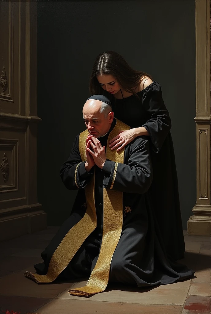 A Catholic priest praying as there's a woman behind him as she covers his eyes with her hands and laying her head on him with sinister motive and portrait picture