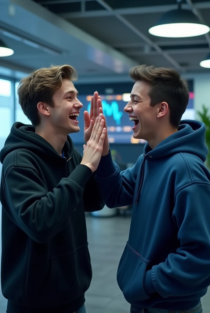 2 teenagers wearing black or blue hoodies happy because they won in trading