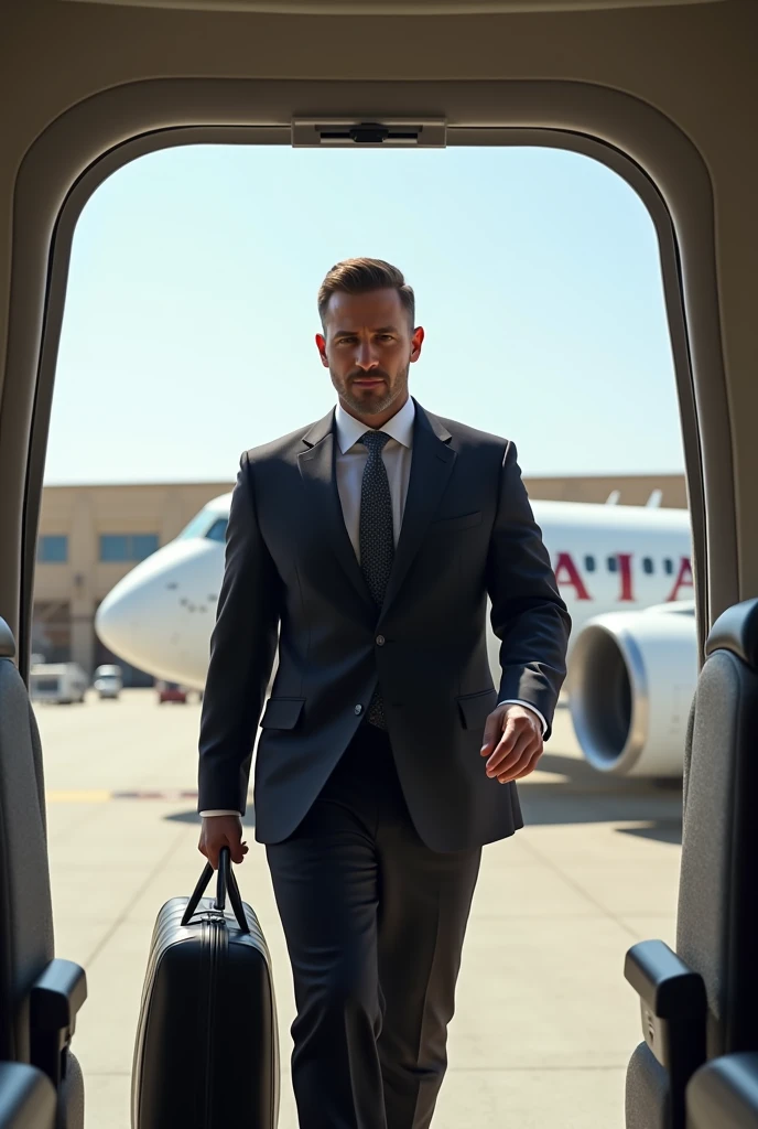 Have a man disembarking from the plane in Qatar, him disembarking from the plane exiting the inside of the plane arriving in Qatar