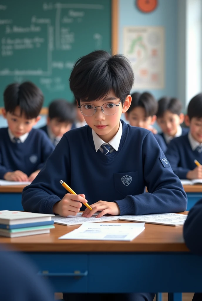 Realistic style, -yeld mastudents, wearing navy blue physics uniforms, at blue student desks with math books