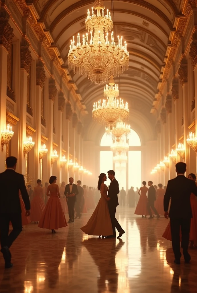 An elegant ballroom, with crystal chandeliers hanging and a candlelit dance floor.realisitic,cinematic, 8k 