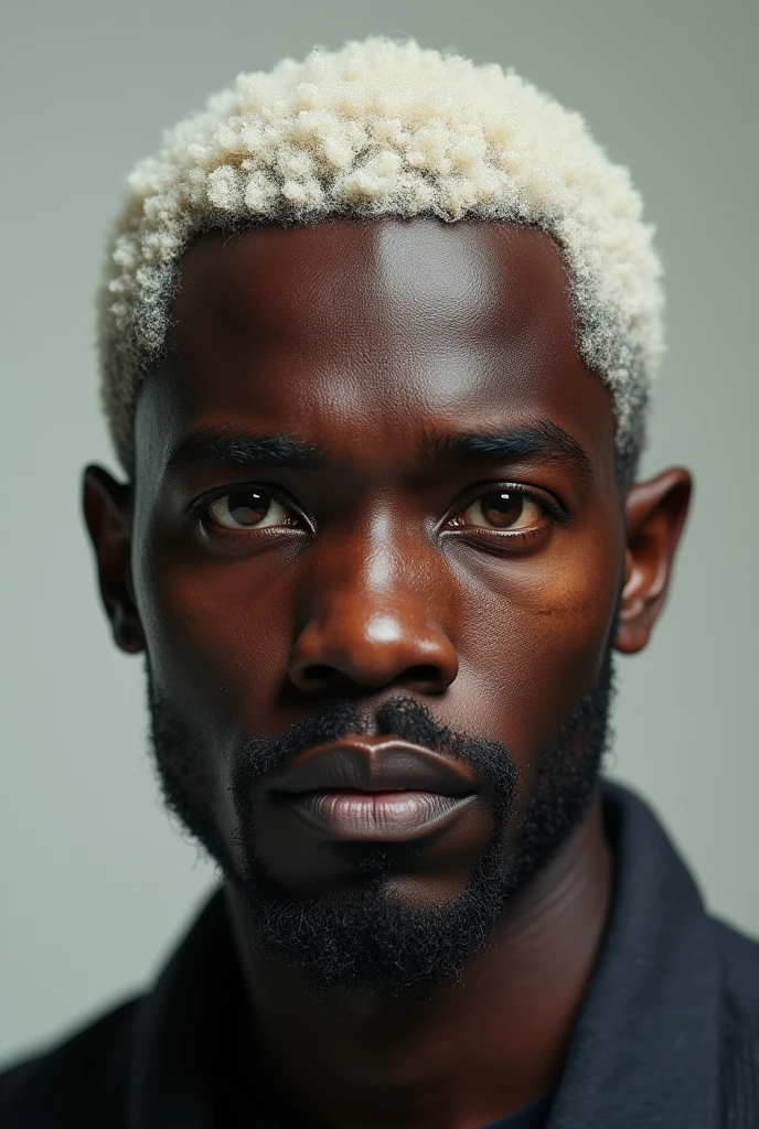 dark skinned man, White hair, straight hair, amber eyes, short hair, realist, portrait, Without beard , no mustache.