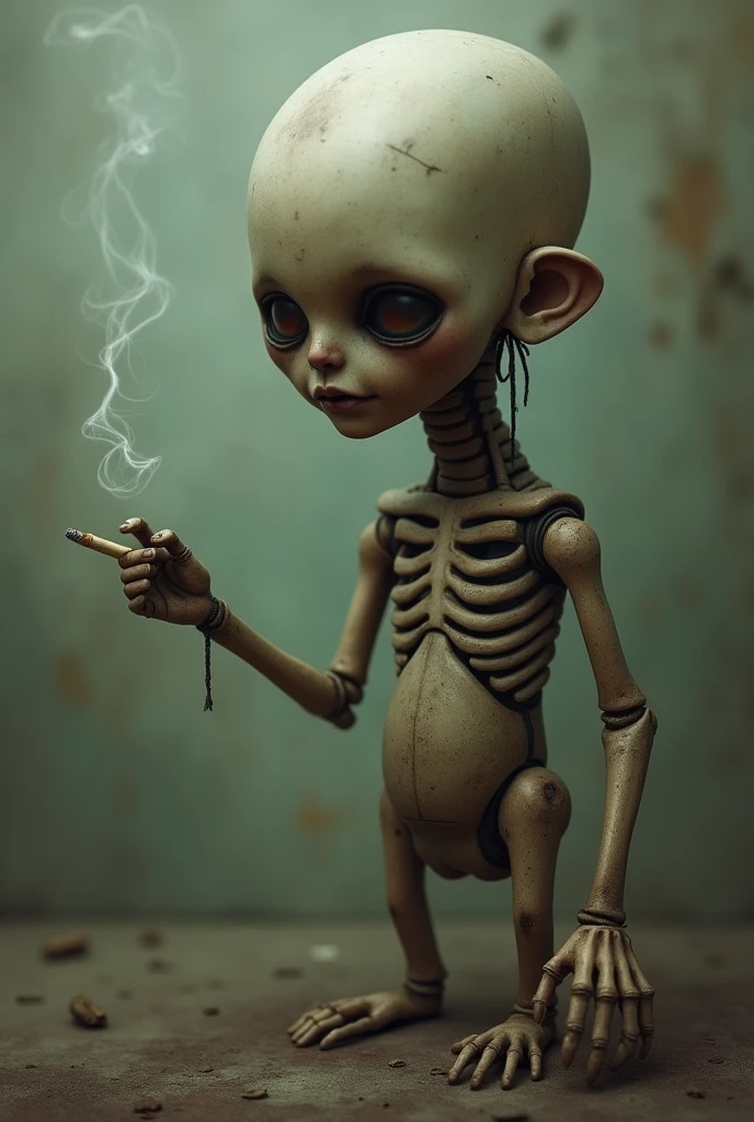 Big-headed and skinny doll , smoking cigarette in a sleeve