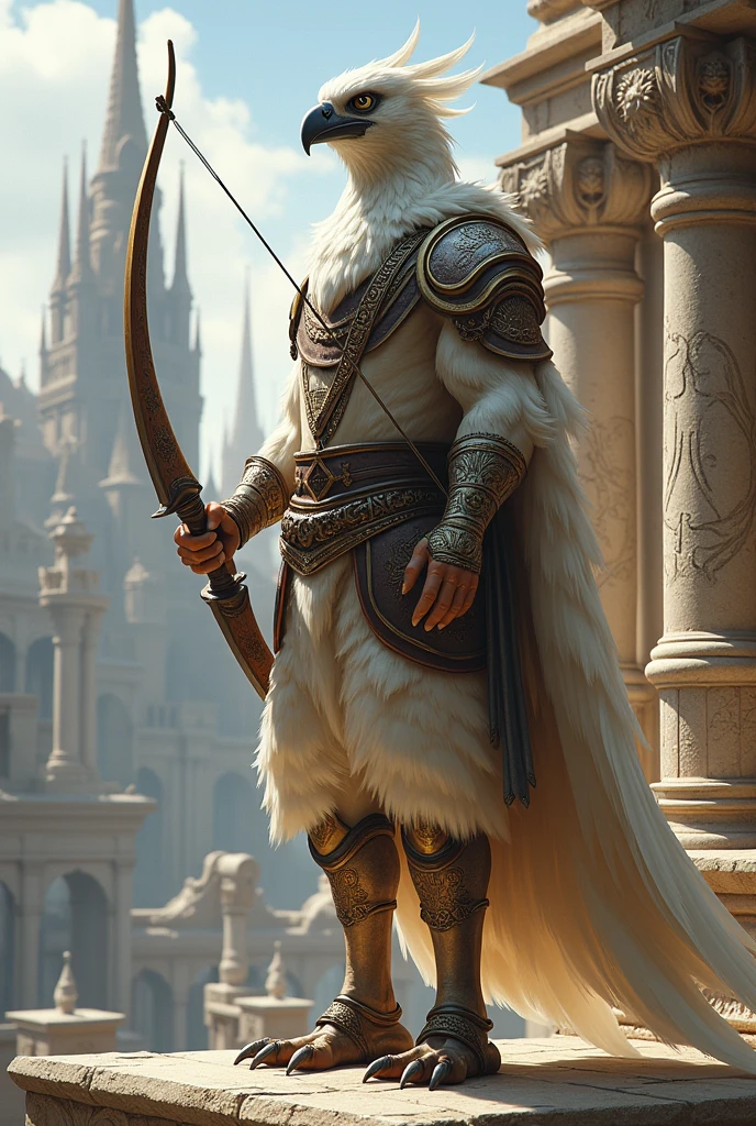 A pure white Aarakocra warrior, a patrolman of the Royal Guard who uses a bow and has abilities through his claws.