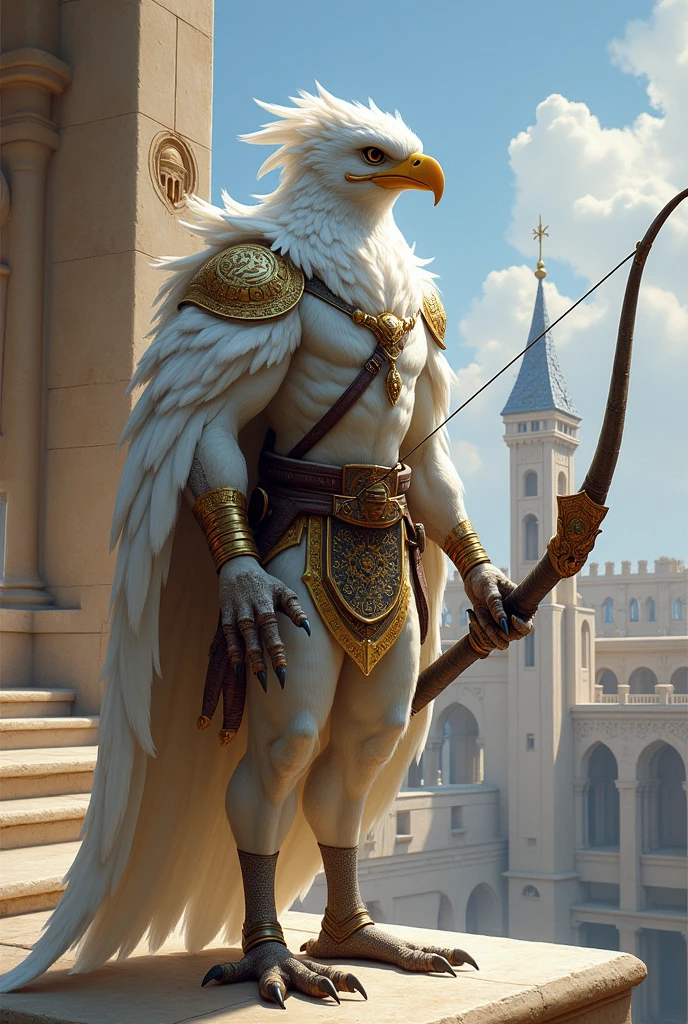 A pure white Aarakocra warrior, a patrolman of the Royal Guard who uses a bow and has abilities through his claws.