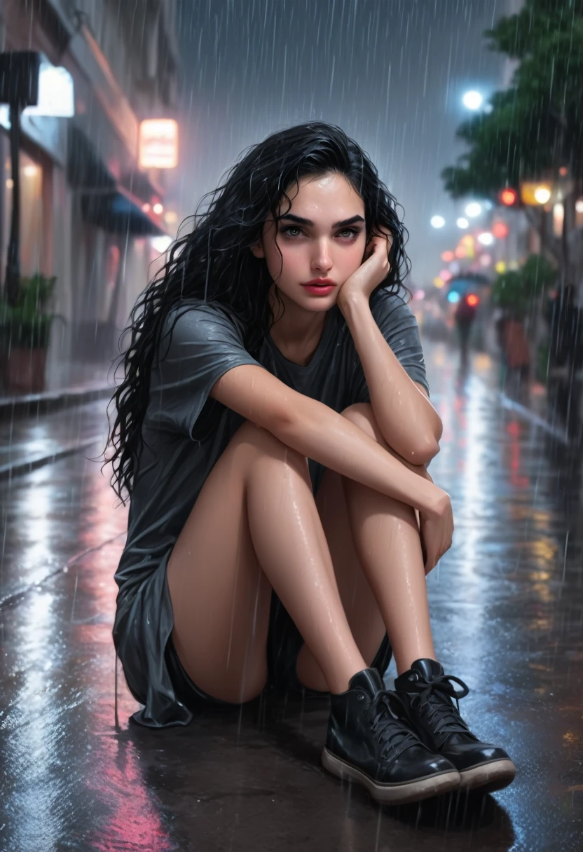 18 year old girl, huge black hair, eyes black, beautiful like Gal Gadot, sitting on the sidewalk while it rains heavily and she is soaked during the night 