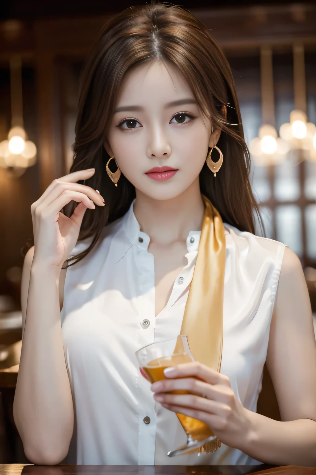 masterpiece, Highest quality, Realistic, Very detailed, Finer details, High resolution, 8k wallpaper, One beautiful woman, Wear a pretty colored silk shirt, In a great restaurant, At night, Light brown messy hair, Perfect dynamic composition, Beautiful and beautiful eyes、Big earrings、Sleeveless shirt、