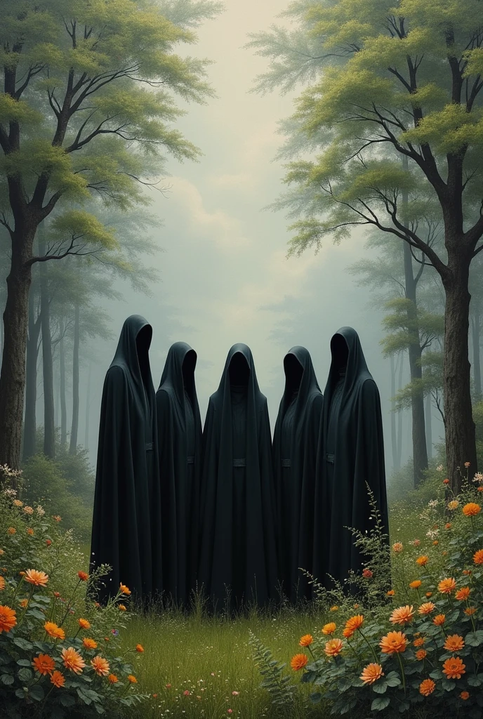 Beautiful painting canvas of friends wearing large black clothes in the middle of a forest with flowers and grass, clouds, trees, and a gray background.



