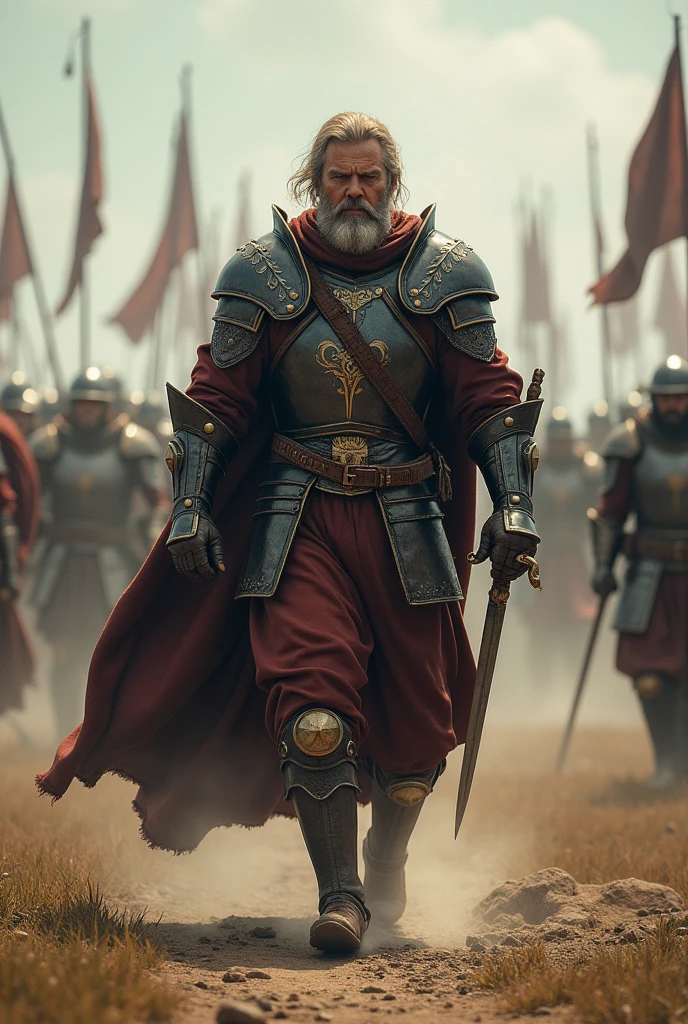 a warrior walking towards an enemy army