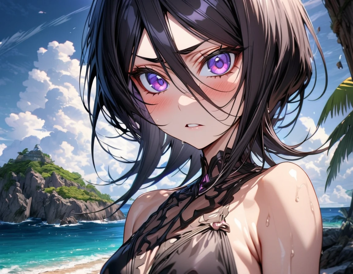 absurdres, highres, ultra detailed, HDR, master piece, best quality, extremely detailed, Kuchiki Rukia, black hair, expressive purple eyes, Bleach, solo, woman, beautiful, black bikini, island, sea, beach