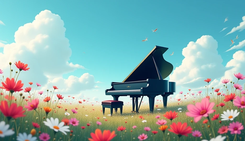 「Under the blue sky、グランドpianoが置かれたFlower Field、黒いグランドpiano、White fluffy clouds、Fantastic landscape」 「グランドpiano、Mysterious atmosphere、Digital Art」 「piano、Flower Field、Fantastic landscape、Silence、Lonely」Flowers swaying in the wind、Cosmos in a variety of colors, including red, white, pink, and yellow
