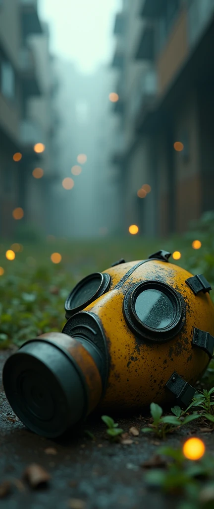 An ultra-realistic and highly detailed image of a yellow gas mask, worn by time and nature. It lies on the ground of a city overtaken by nature. Surrounding the mask are particles of light, which are actually fireflies. The scene is completely dark and foggy. The photo is taken close to the ground, evoking a sense of melancholy. The image is post-processed with Unreal Engine 5 for enhanced realism and atmospheric effects. The scene is captured with a Sony A7R IV paired with a 90mm f/2.8 Macro G OSS lens, ensuring stunning clarity and rich details. The lighting is soft and diffused, with the fireflies providing subtle illumination. The aspect ratio is 9:21, emphasizing the vertical composition