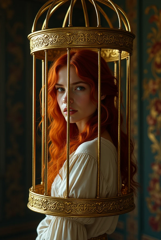 Create a red-haired peasant woman trapped in a golden cage

