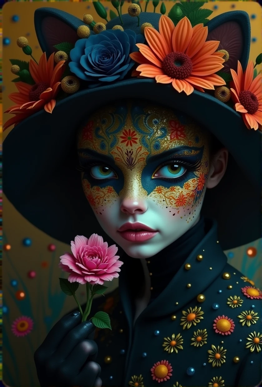 A vibrant and whimsical painting of a cat figure adorned with an abundance of colorful flowers and metallic embellishments. Her wide-brimmed hat is adorned with striking orange and yellow flowers, complementing her face paint that features intricate floral patterns. The vibrant background is a bright yellow, with scattering of colorful metallic orbs and streaks that create a mesmerizing effect. The female figure holds a delicate pink flower close to her face, adding a touch of softness to the overall piece. This conceptual art piece captures the essence of nature, color, and creativity in a fantastical and enchanting way., conceptual art, painting, vibrant