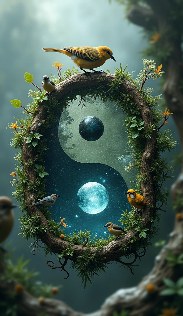 wild logo word "YIN YANG", classical, green, wild, rustic, forest, jungle, plants, animals, strong, realistic, 8k ultra HD, technology, nano tech, silver, white, crystal clear, 3D, mythology, Sci-Fi, creatures, Storm, Winter, globe, yin yang, small birds, word title "YIN YANG"