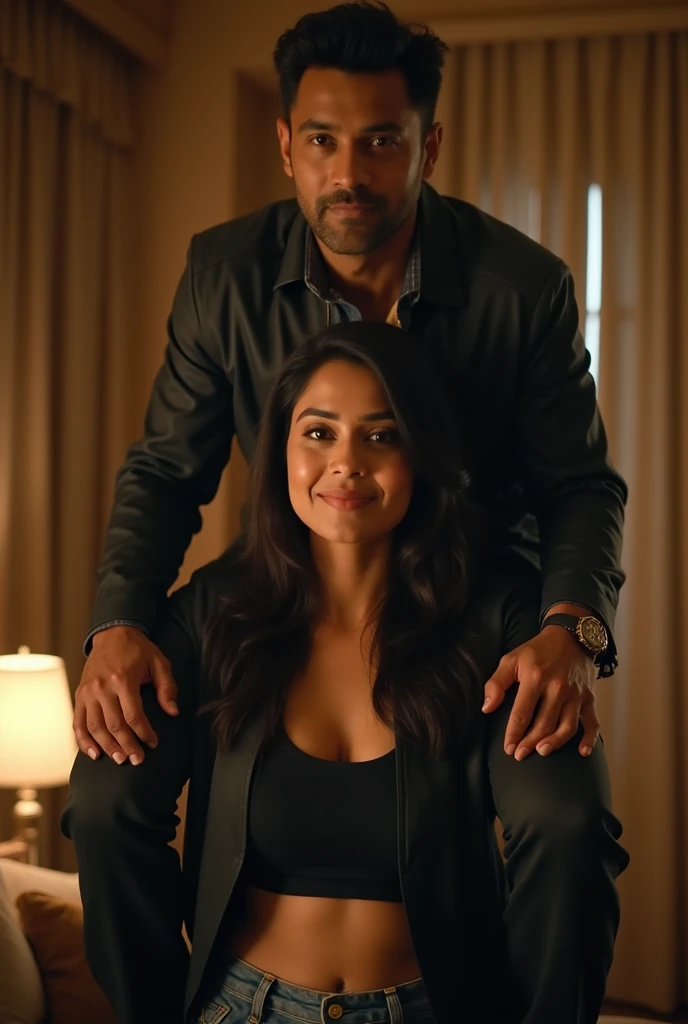 Create a realistic photograph of a smiling and beautiful indian actress in black jacket carrying a large man on her shoulders in a room, man is sitting on top of her shoulders , man on top, woman at bottom , gorgeous actress 