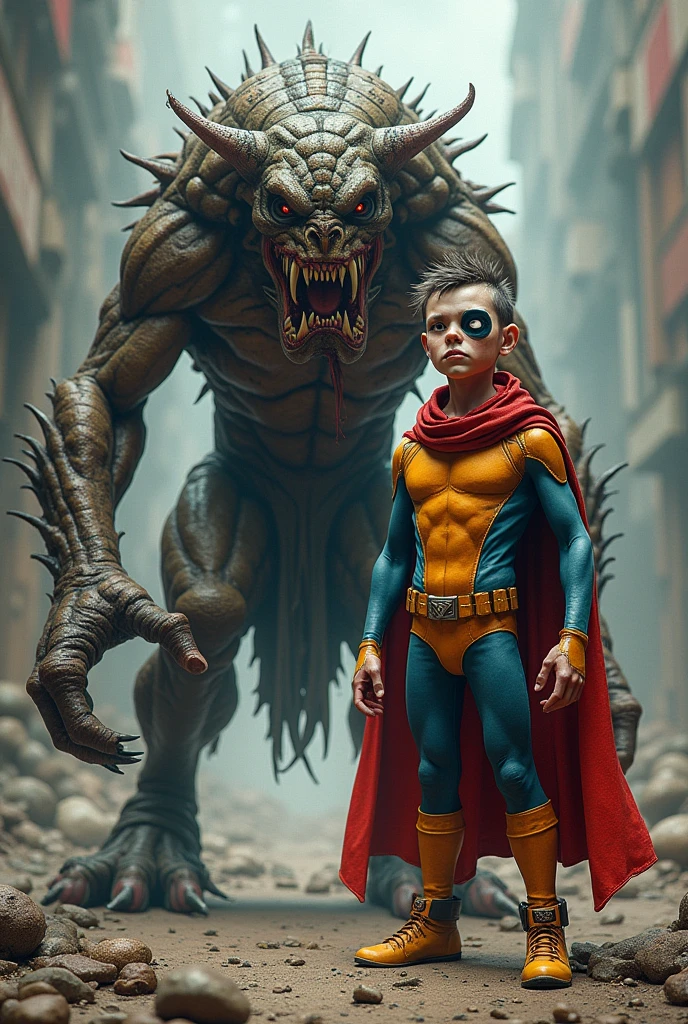 Create a young and ugly name with one white eye wearing a superhero costume , and next to him draw a humanoid beast with sharp claws and fangs, alien-like.