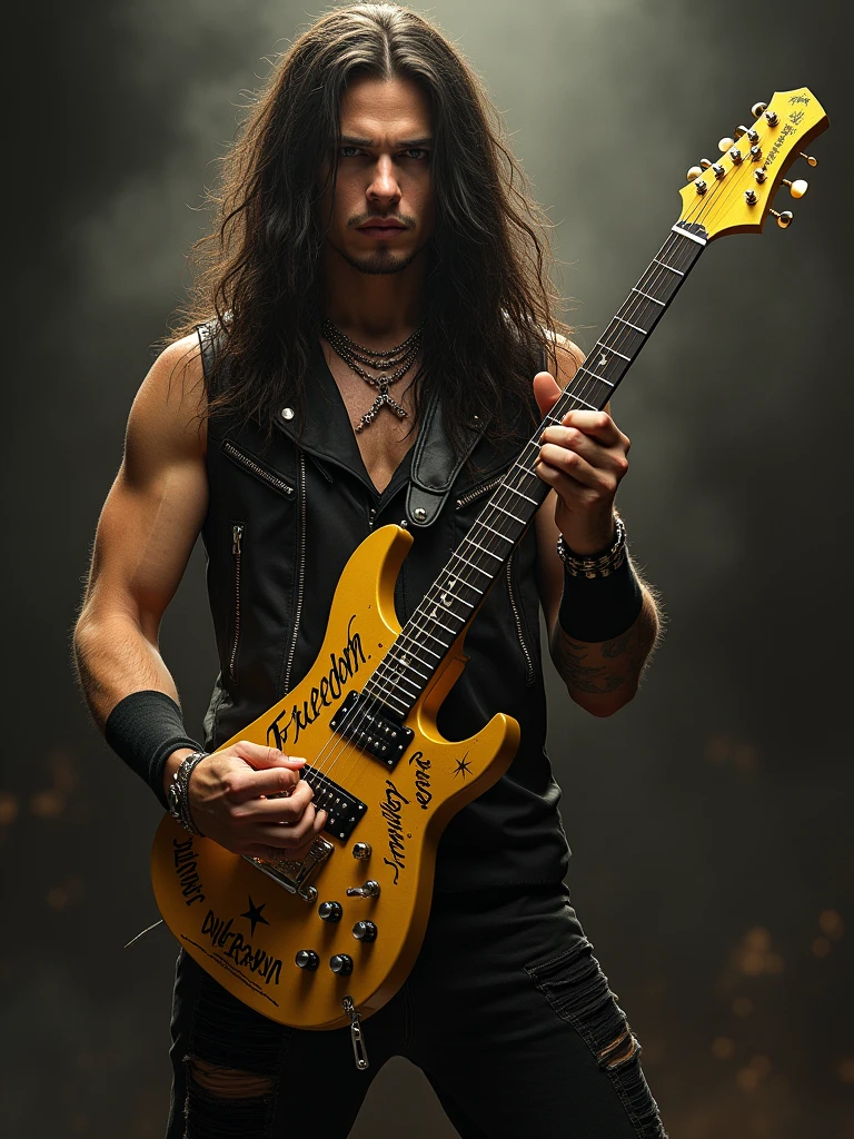 A young dimebag darrel con una guitarra electrica de oro con la palabra "Freedom"