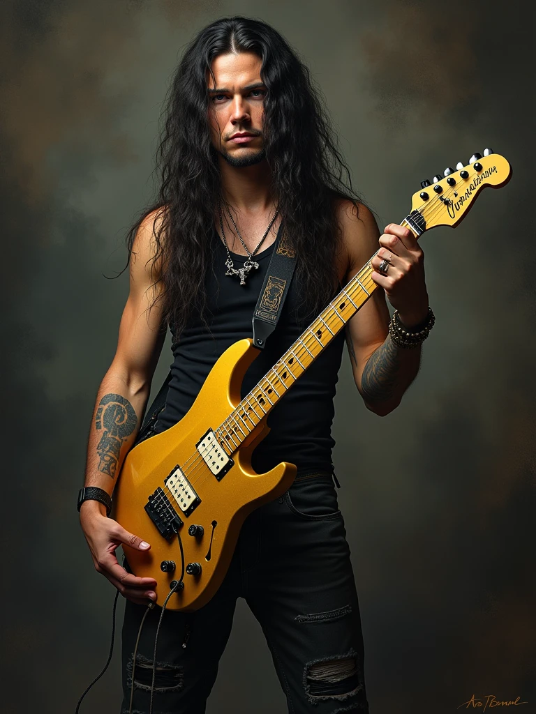A young dimebag darrel con una guitarra electrica de oro con la palabra "Freedom"