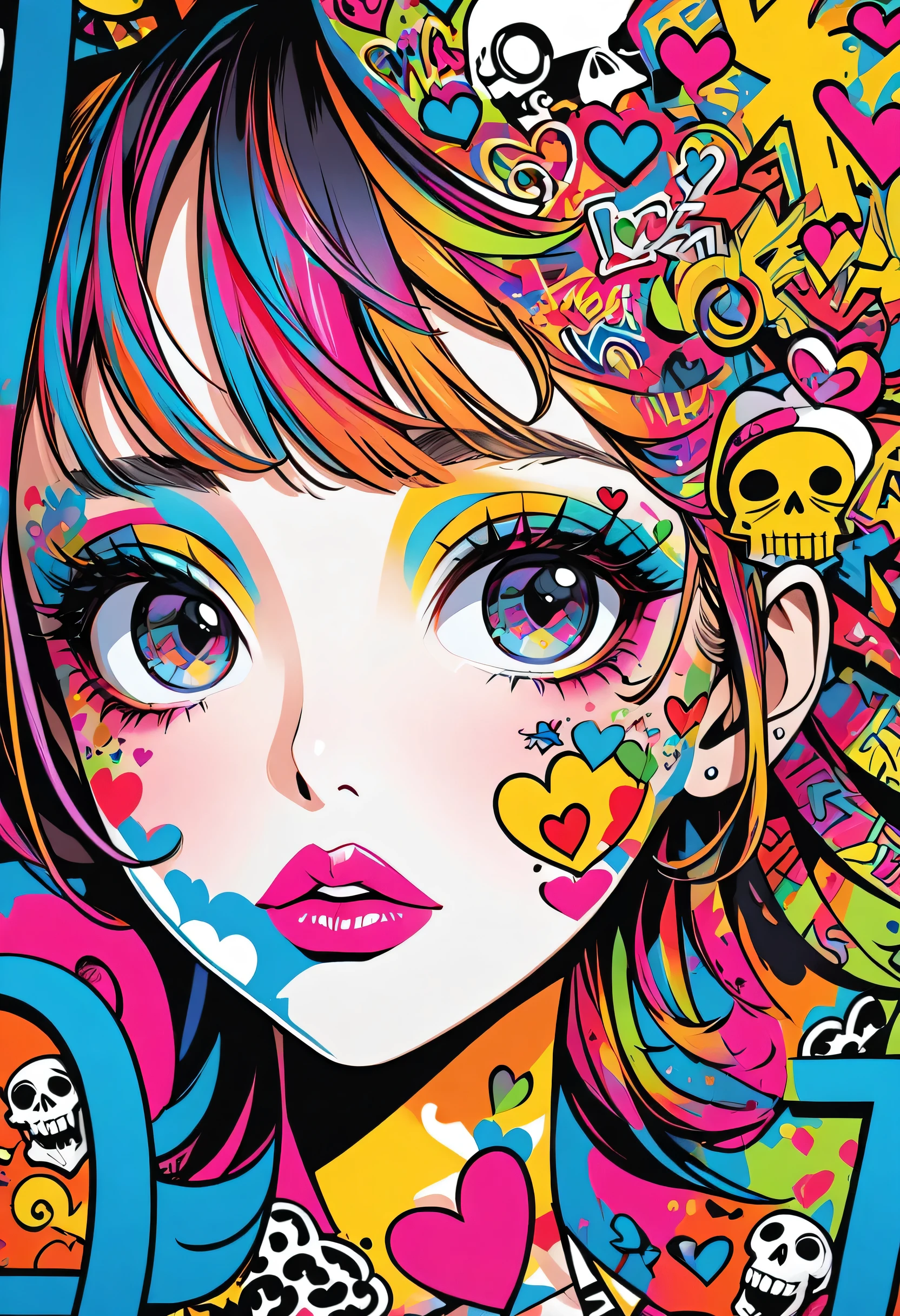 Ultra-realism Keith Haring colorful style, Simple Line Initialism,Abstract art,(((The most beautiful girl of all time))), Sweet face. Lips in love, colorful hearts, stylish design, Summer Skull, Dark Eyes, Graffiti on the wall