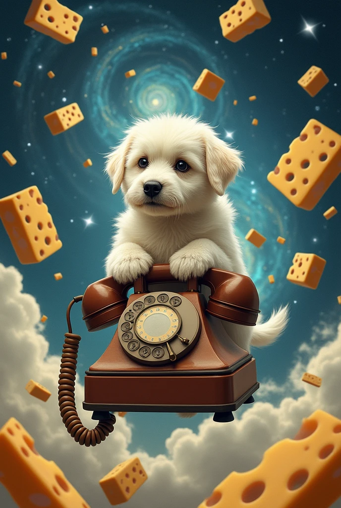White dog riding a classic phone through the Andromeda galaxy, Cheese slices compose the scene