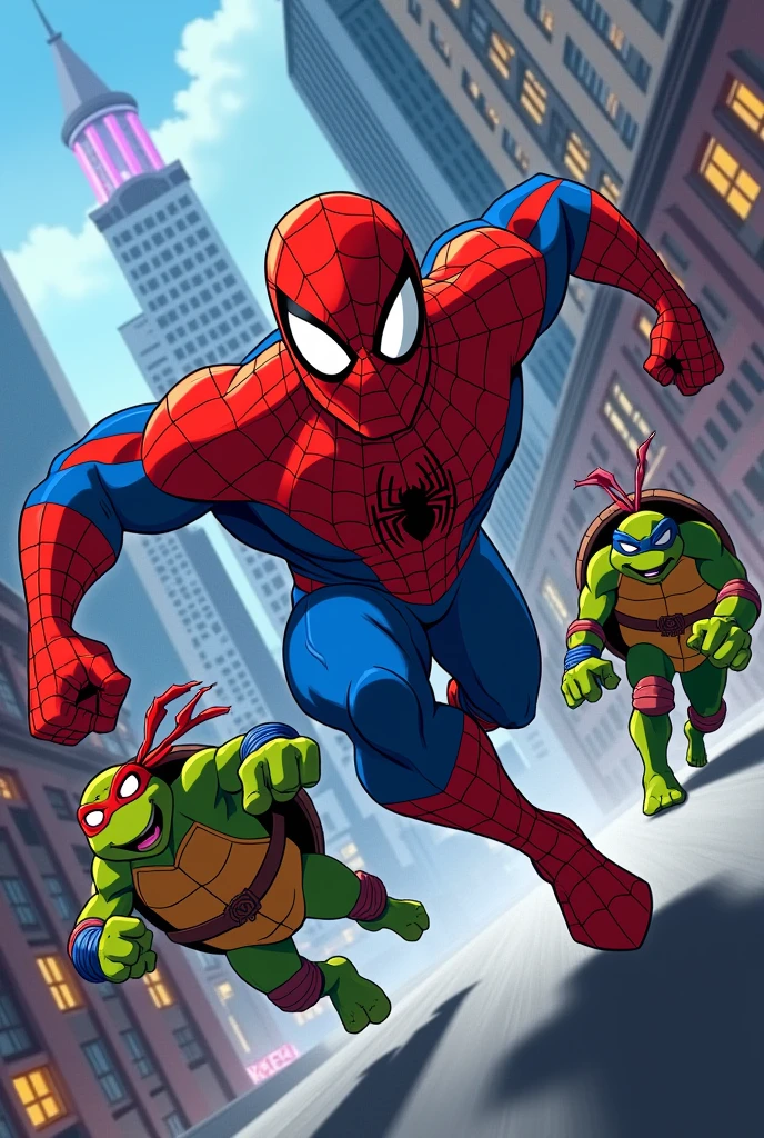 Spiderman and Wonderman are running on the city rooftops with the Teenage Mutant Ninja Turtles., In the animated series JLU