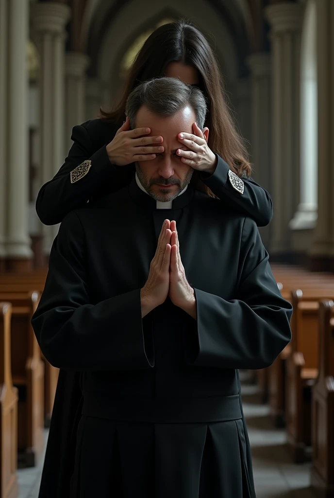 A Catholic priest praying as there's a woman behind him as she covers his eyes with her hands and laying her head on him with sinister motive. (Both Facing the picture)
