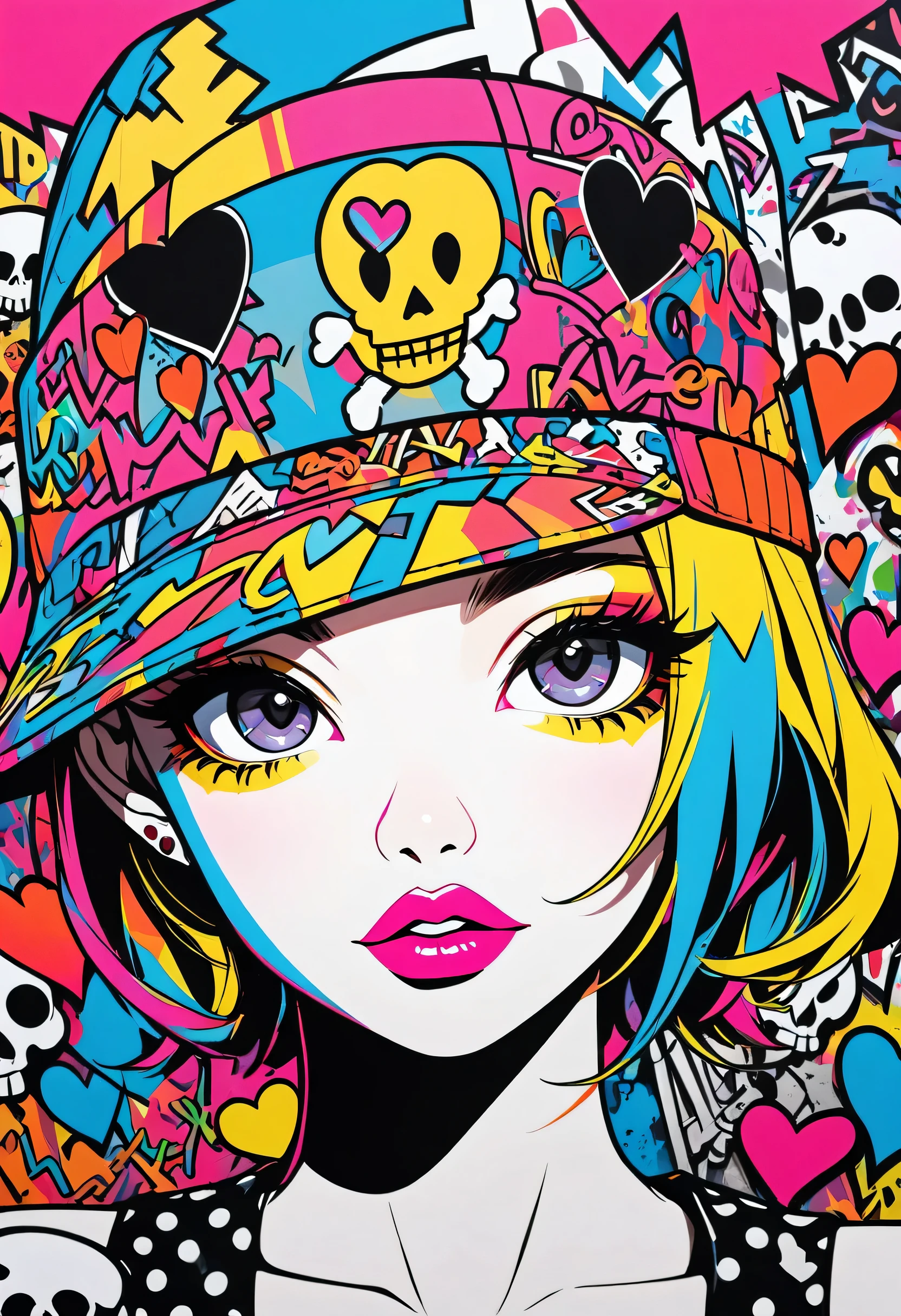 Ultra-realism Keith Haring colorful style, Simple Line Initialism，Abstract art，(((The most beautiful girl of all time))), Sweet face. Lips in love, colorful hearts, stylish design, Summer Skull, Dark Eyes, Graffiti on the wall