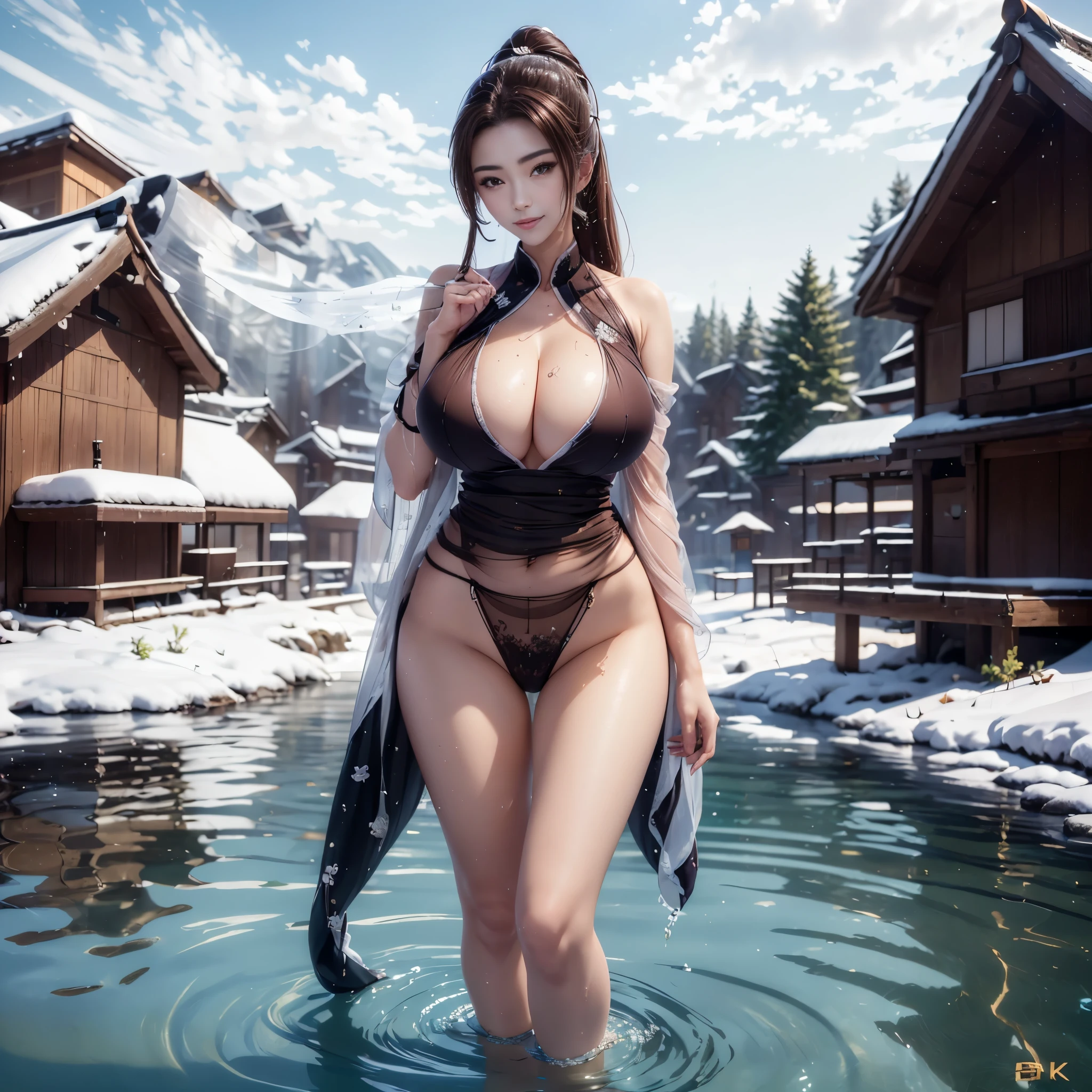 ((midnight, need, 8K, masterpiece:1.3)), Full body female, Leg length, key point:1.2, full image，，Japanese Beauty，Beautiful woman，Have a perfect body:1.4,((Dark brown hair, Huge breasts :1.2 )), (Low-cut，Deep V,)，Highly detailed face and skin textures, There are many people there，Exquisite eyes, Double eyelids，big eyes，Lovely big breasts，Teenage Girl，， Huge breasts ， Japanese Beauty，Ponytail，Shiranui，snow Mountain，Ice water，snow，snowing day，站在Ice water里，Standing in the water，The lower body is in the water，Huge breasts，超级Huge breasts，1 girl，Smile，Japanese cosmetics，so beautiful，transparent，perspective