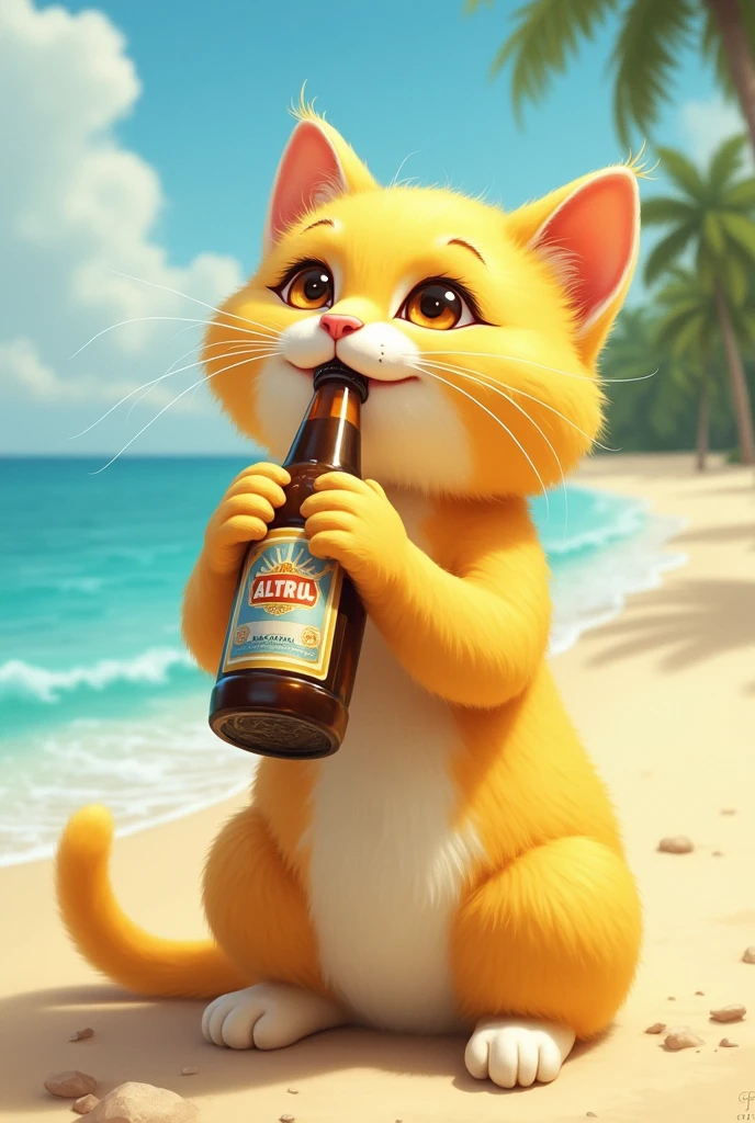 A yellow cat drinking beer on a beach
