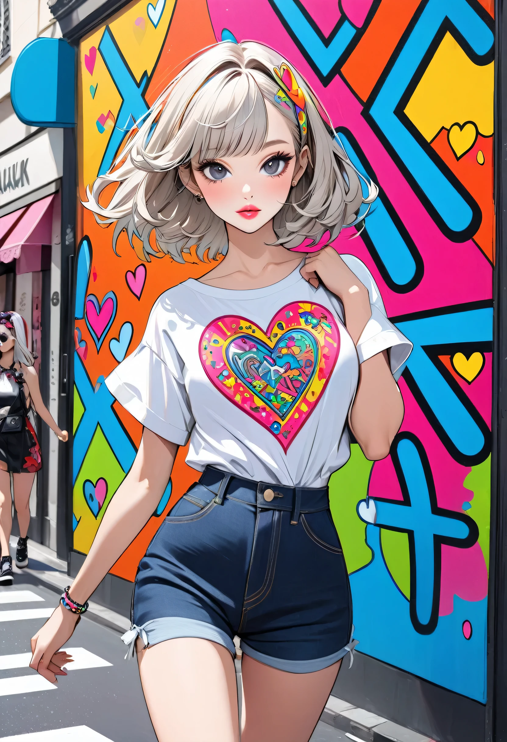 Ultra-realism Keith Haring colorful style, Simple Line Initialism,Abstract art,(((The most beautiful girl of all time))), Sweet face. Lips in love, colorful hearts, stylish design, Harajuku fashion in summer, Dark Eyes, walking, paris