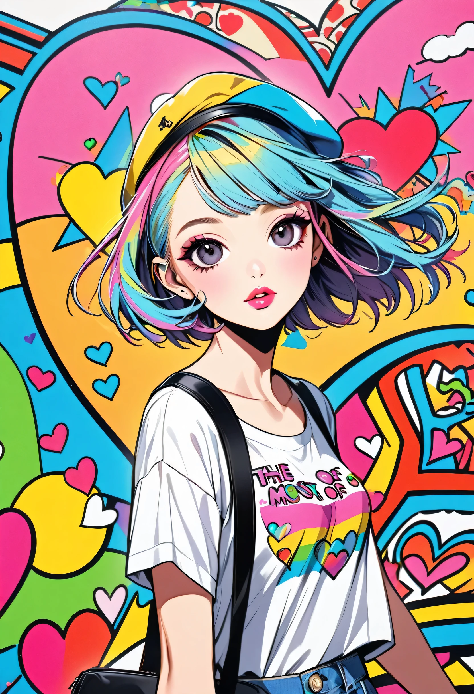 Ultra-realism Keith Haring colorful style, Simple Line Initialism,Abstract art,(((The most beautiful girl of all time))), Sweet face. Lips in love, colorful hearts, stylish design, Harajuku fashion in summer, Dark Eyes, walking, paris