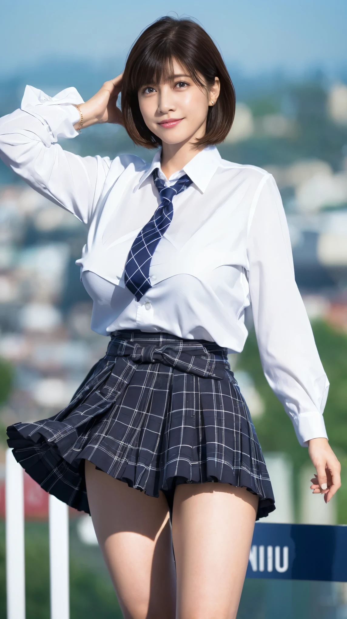 (8k,Ultra-high resolution,Highest quality,masterpiece,Realistic,Ultra-high resolution,High-quality RAW color photos,Professional photos,Realistic,Realistic),Natural skin texture,Fine skin,Hyperrealism,Intricate details,Adult women,Eye highlights.Lip gloss,Glossy Lips,(Cute smile,Short Hair,Dark blonde hair,bangs),(((gigantic breast,Big Breasts))),(Schoolgirl uniform,(White Cutter Shirt),Azure check patterned pleated mini skirt,tie),Urban area,((face focus,Staring at the audience)),(((((windy up skirt)))))