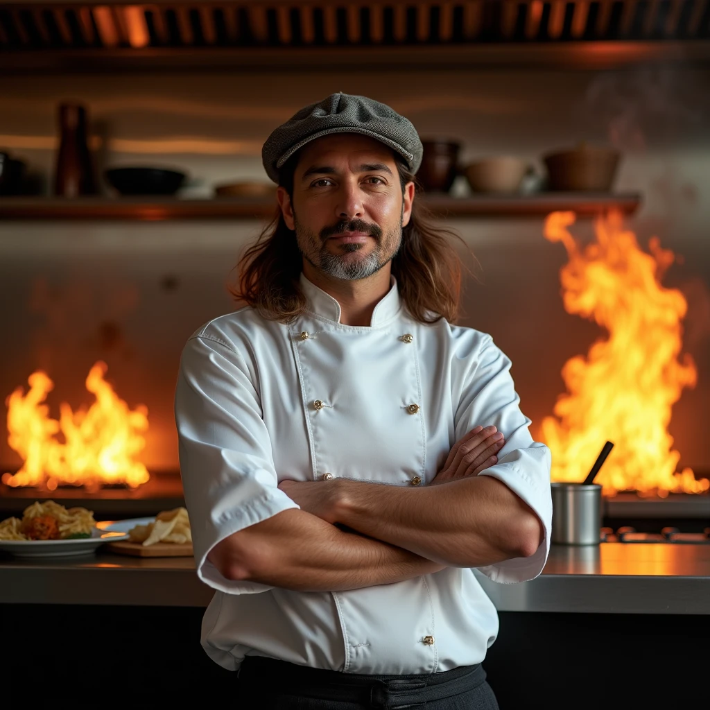 Man with long hair, flat cap worn backwards, long brown hair, slanted eyes, white caucasian, slightly thin but not too much, mustache and goatee, leaning against a steel counter around fire, lots of fire in a kitchen wearing a chef's outfit with brown Asian eyes and arms crossed. .A notice that says a restaurant's worst enemy is its owner att the big devil all around him as if it were a pitched battle inside the kitchen with an annoying one fixedly breaking the fourth dimension