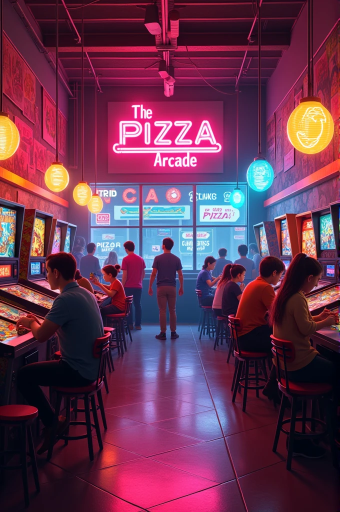 Pizza place with a neon arcade and people