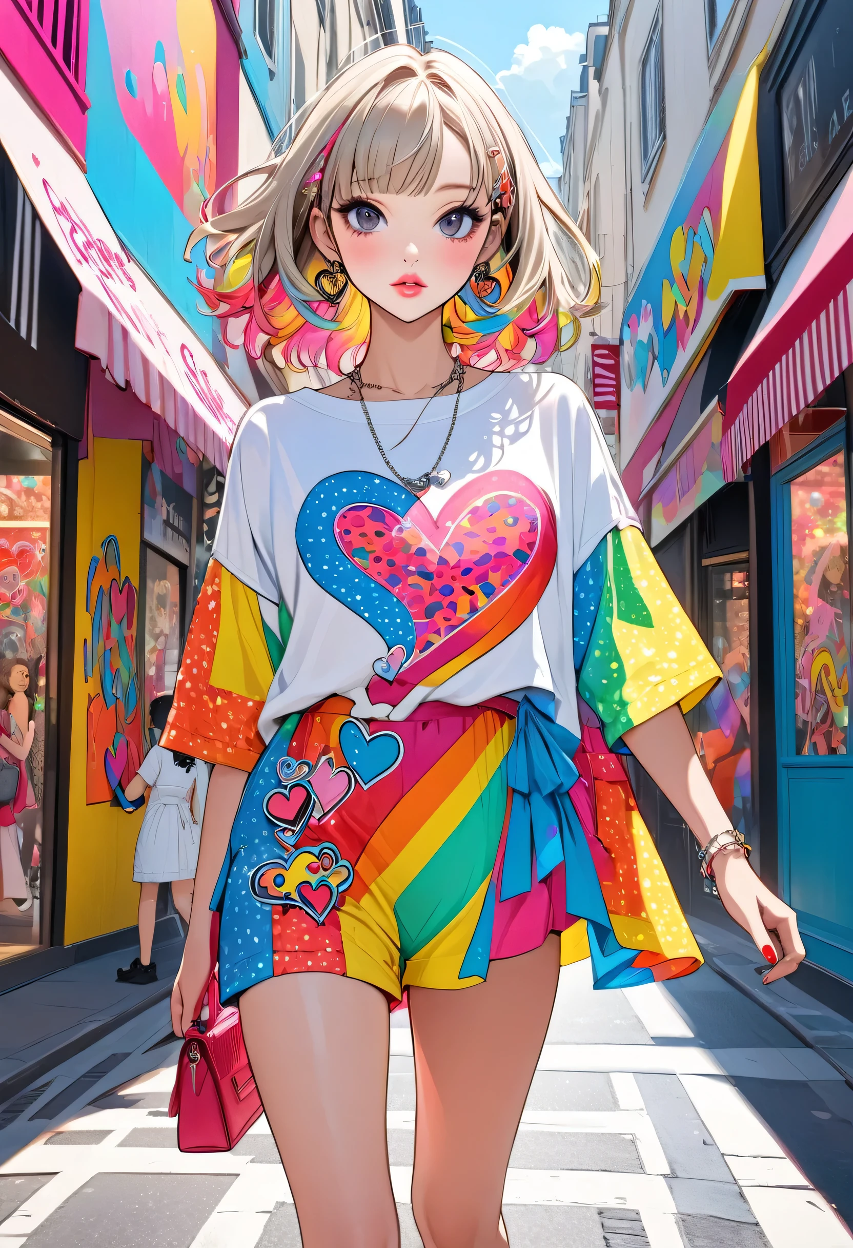 Ultra-realism Keith Haring colorful style, Simple Line Initialism,Abstract art,(((The most beautiful girl of all time))), Sweet face. Lips in love, colorful hearts, stylish design, Harajuku fashion in summer, Dark Eyes, walking, paris