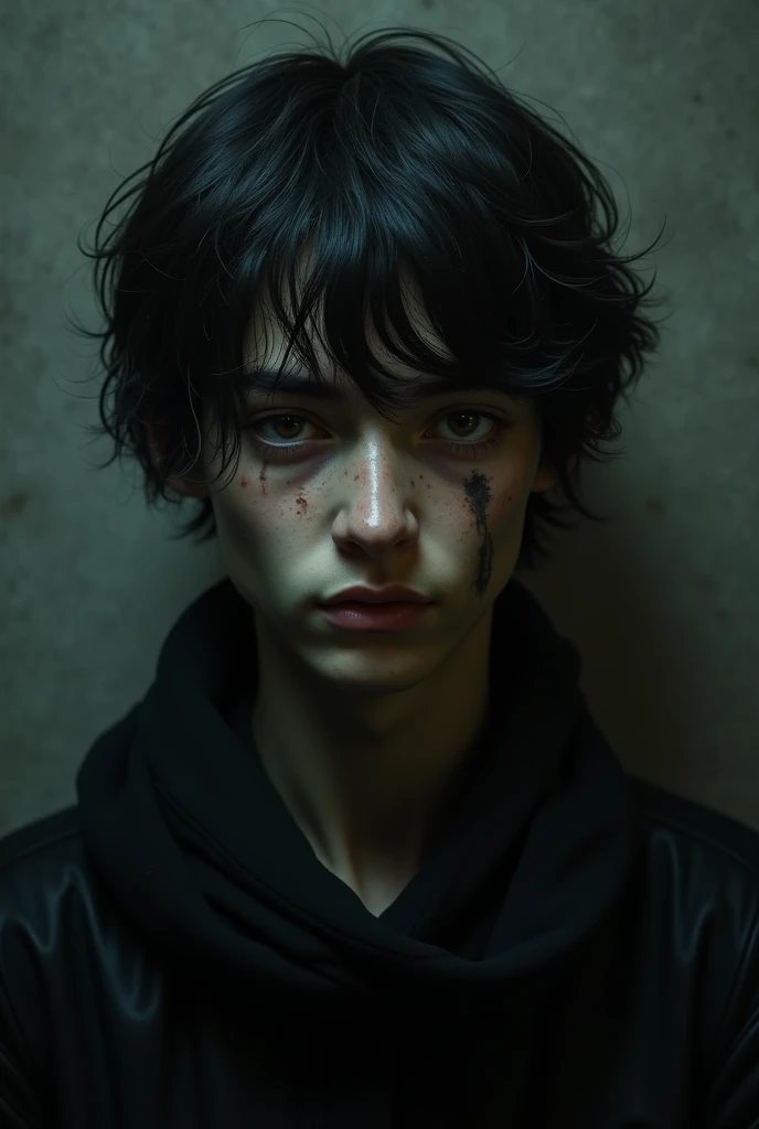 a tall boy,with a scar on the jaw,medium-length hair, dark and wavy and with a deep gaze like someone who hasn't slept in days