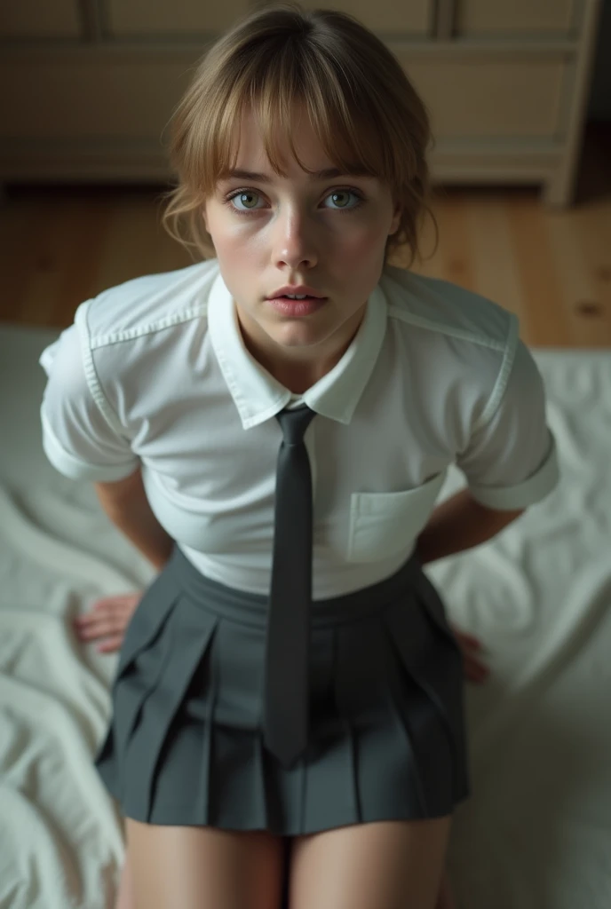 Realistic photo from above of a slim pretty 16-year-old Caucasian woman. She has short light-brown hair. She is wearing a tight white shirt. She is wearing a dark-grey tie. She is wearing a dark-grey pleated skirt. She is kneeling on the floor, in a bedroom. She is looking up to the camera. Both hands are behind her back. Her mouth is slightly open.