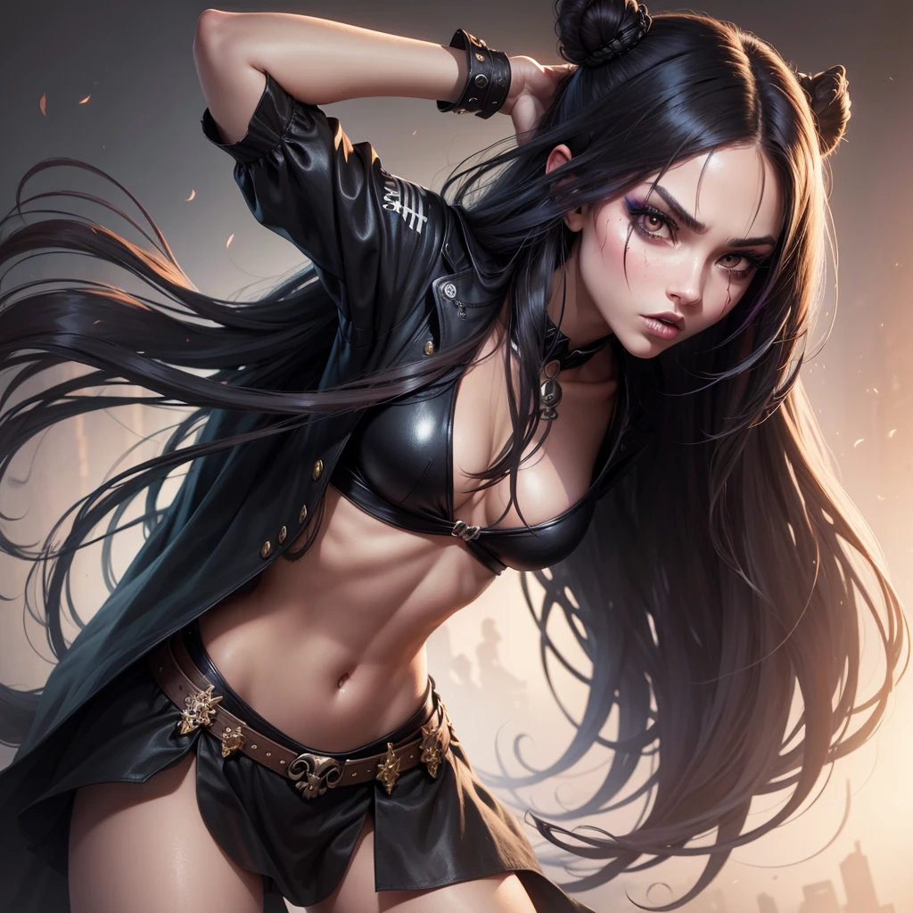 Fierce girl, half skull and beautiful with long hair