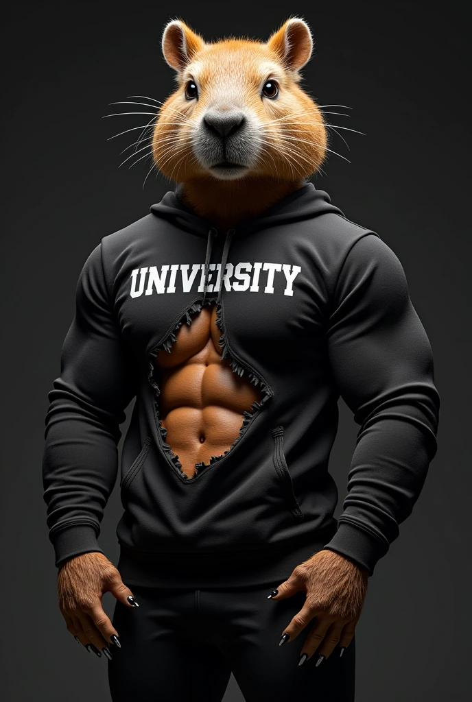 Capybara mascot with a ripped sweatshirt abdomen, black university