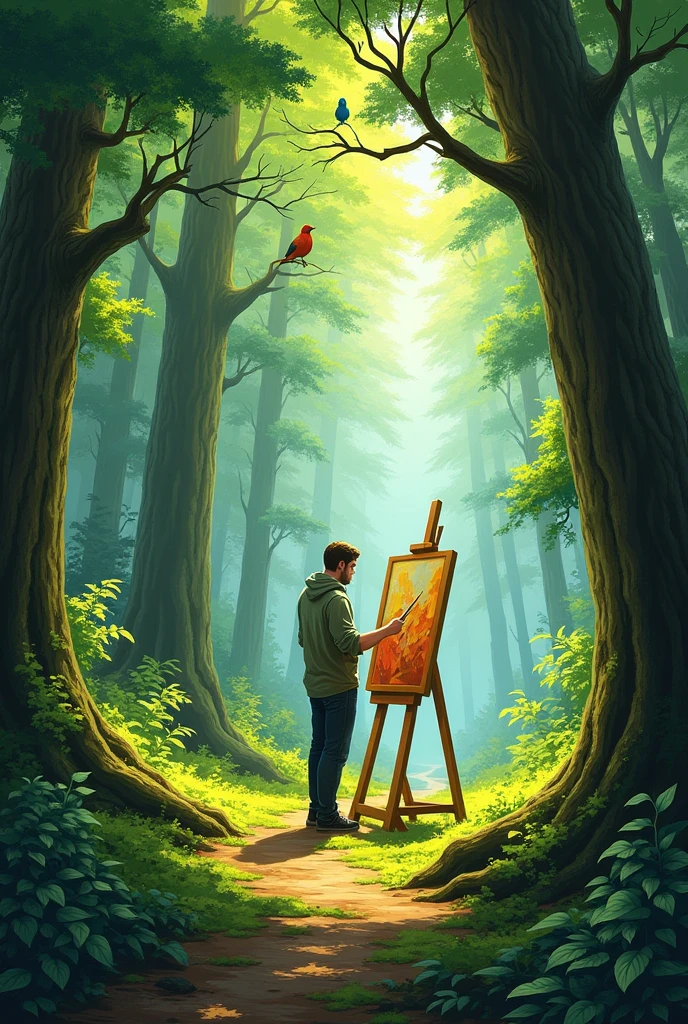 Painting on a canvas in the middle of a forest



