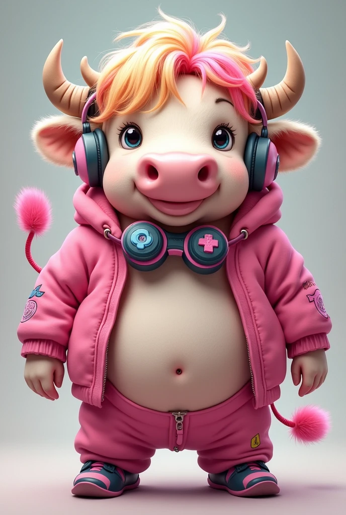 Chubby cow with blonde and pink long hair and pink gamer outfit